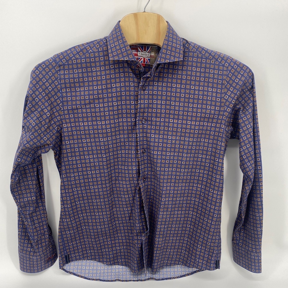 7 Downie St Button‎ Down Shirt 5 Blue Excellent Geometric Medallion Cotton Blend